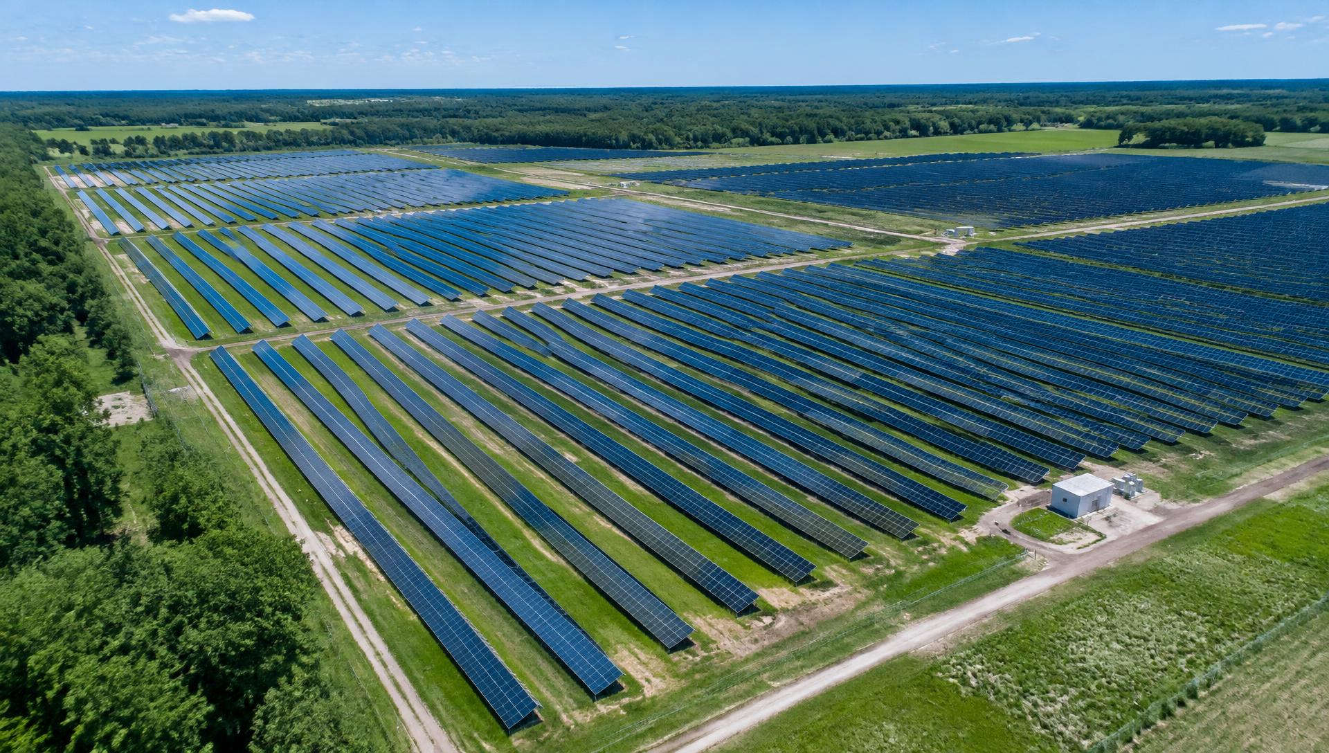 Large commercial solar installation seen from above