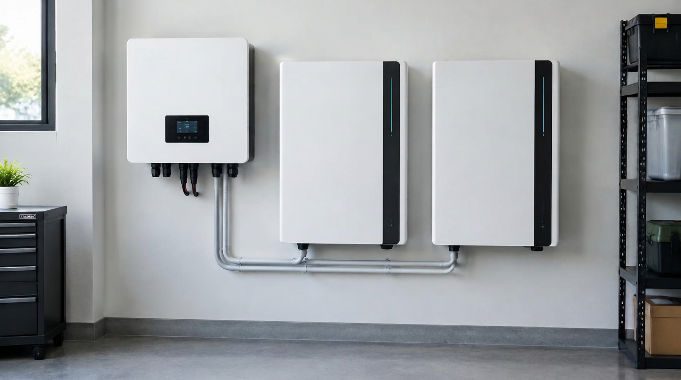 Solar inverter and battery storage units on a wall