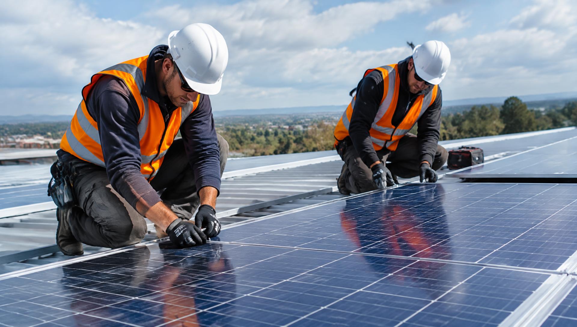 Engineers installing solar panels on a roof